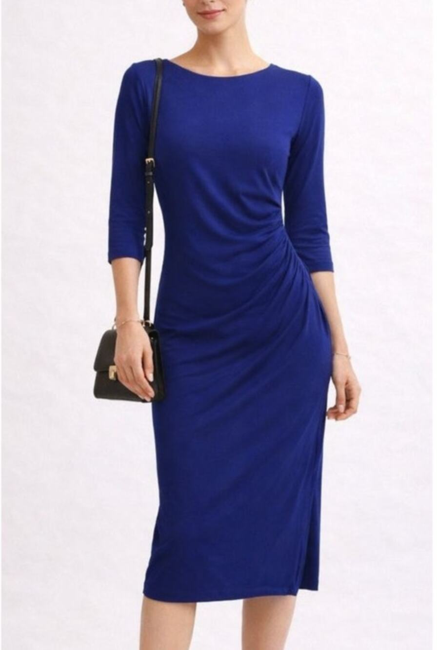 VERSE Ruched Midi Cocktail Dress Small Navy Blue Career Stretch Modern Event